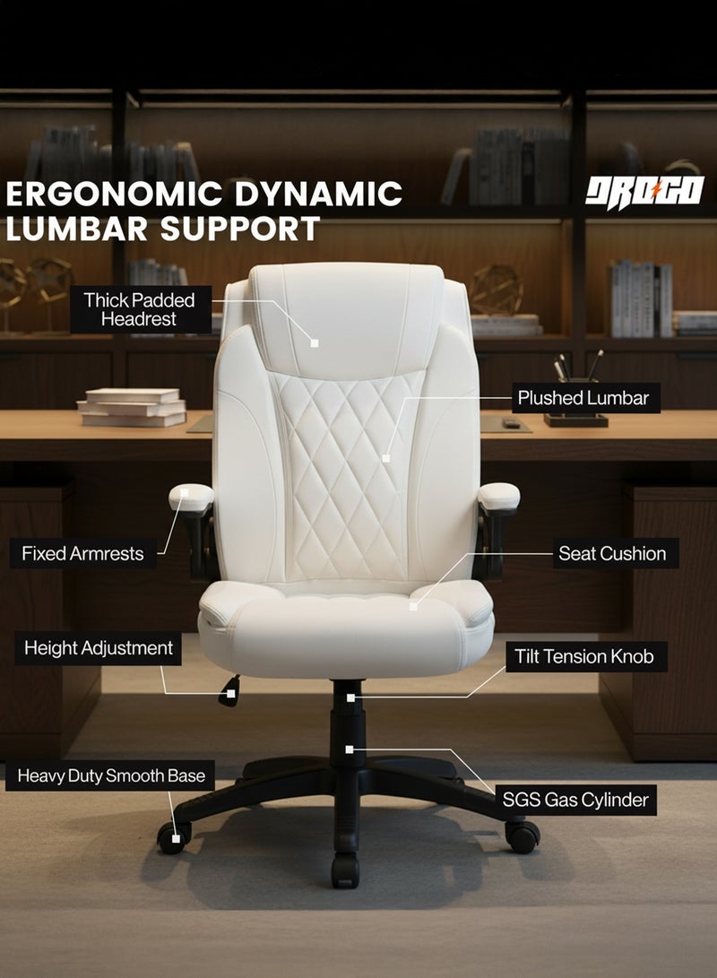 DROGO Ergonomic Premium Leatherette Office Chair for Work at Home, Computer Chair with Flip-Up Armrest, Height Adjustable Leather Seat, Cushioned Headrest, & Lumbar Support | Desk Chair with Multi Level Reclining White - Image 3